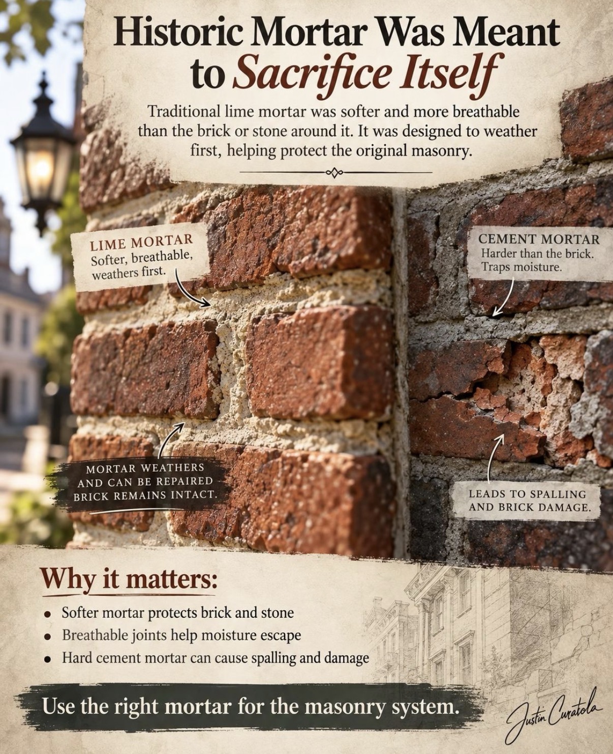 Historic Mortar Was Meant to Sacrifice Itself — infographic comparing lime and cement mortar in historic masonry, credited to Justin Curatola